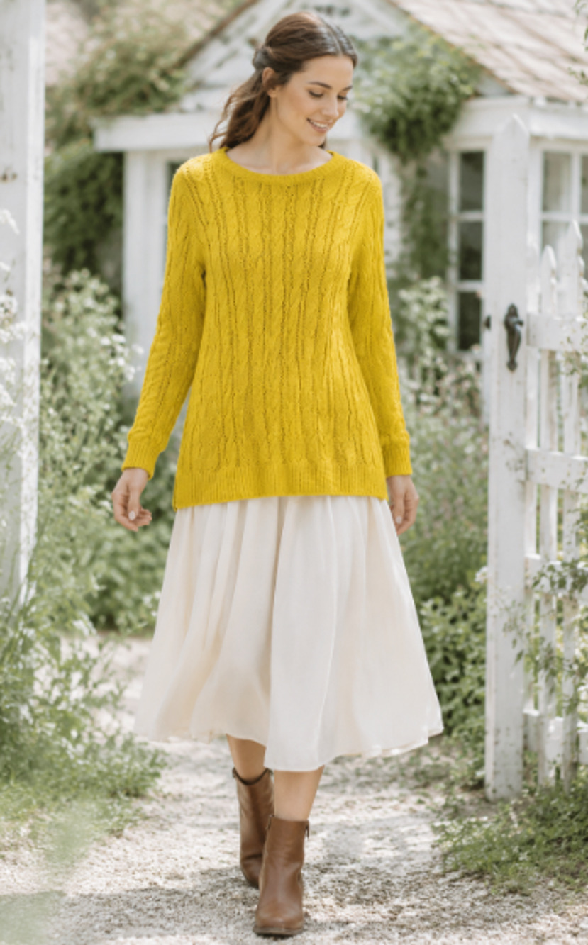 Lands' End Women's 1X Yellow Drifter Cable Knit cottagecore Sweater XL mustard